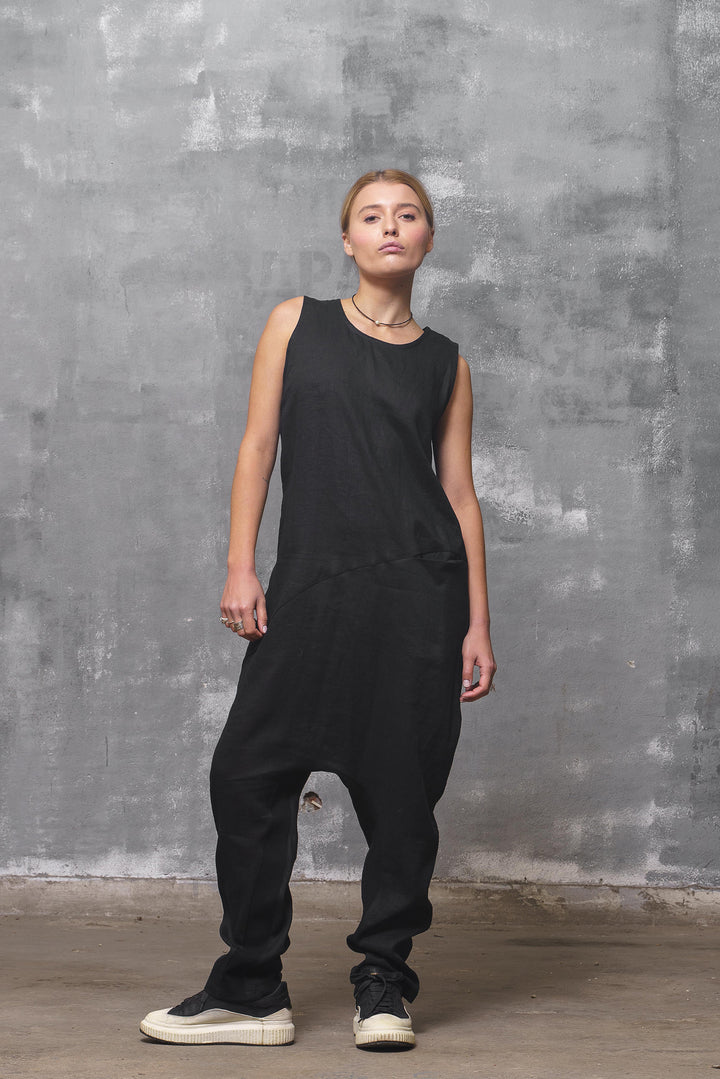 Black Linen Drop Crotch Jumpsuit