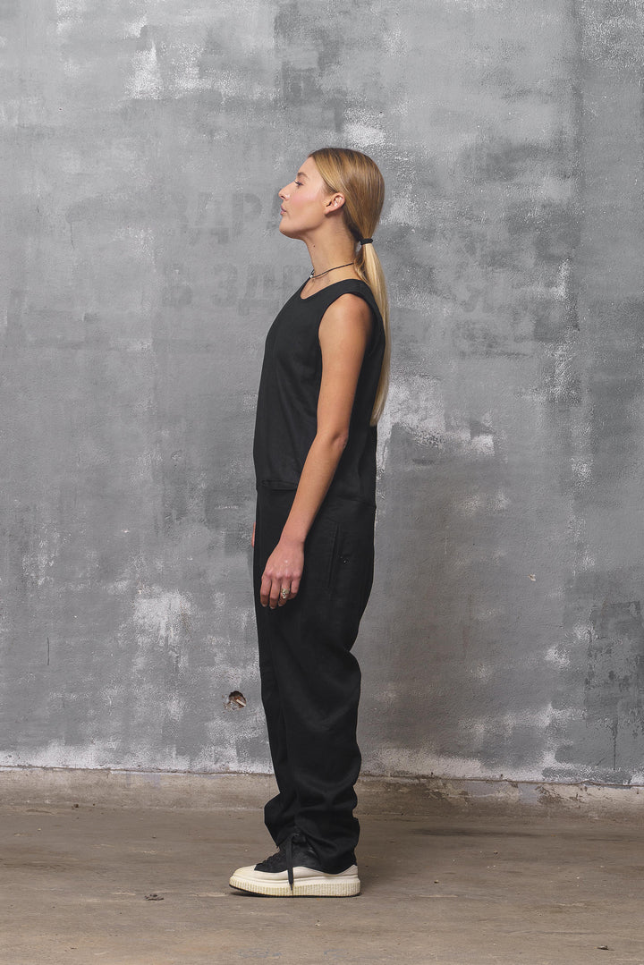 Black Linen Drop Crotch Jumpsuit