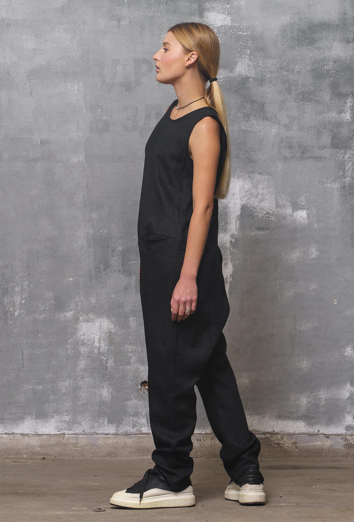 Black Linen Drop Crotch Jumpsuit