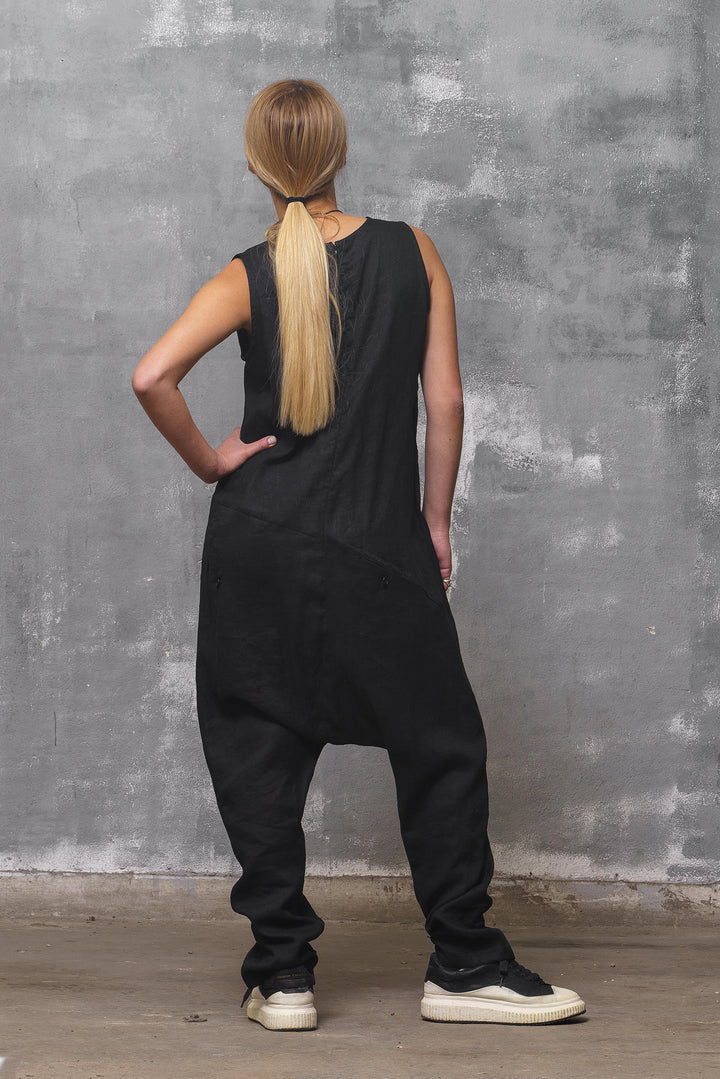 Black Linen Drop Crotch Jumpsuit