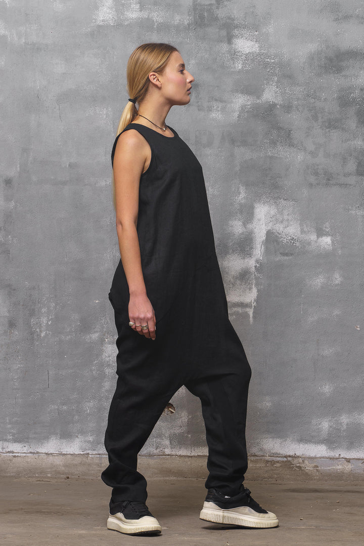 Black Linen Drop Crotch Jumpsuit