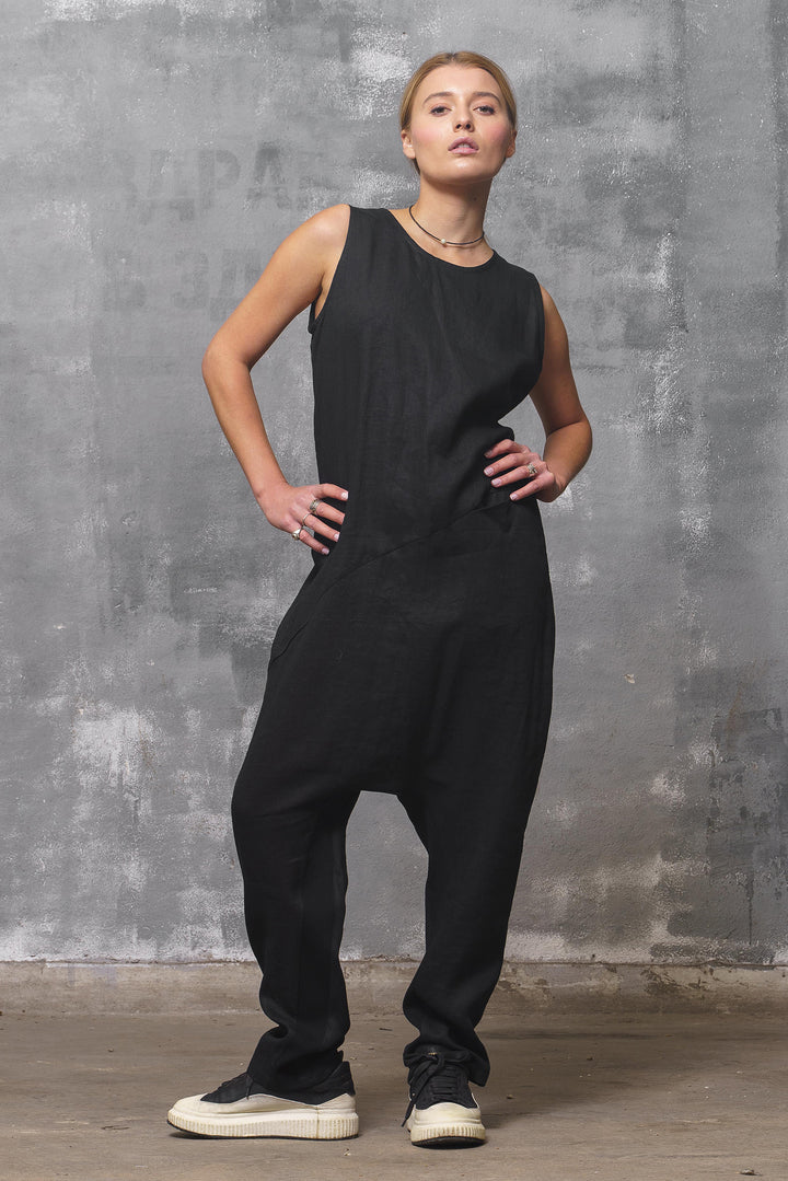 Black Linen Drop Crotch Jumpsuit