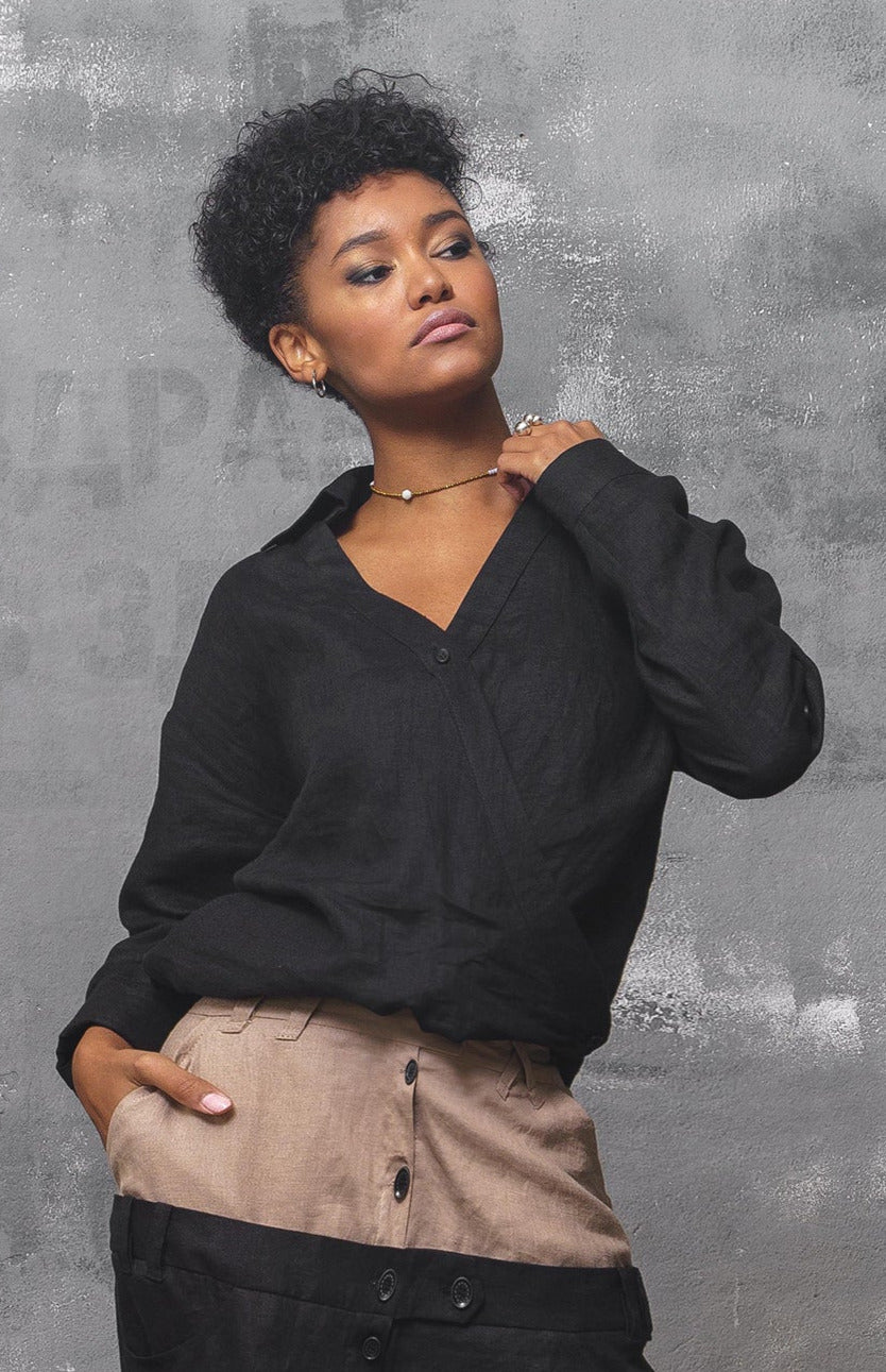 Black Linen Long Sleeve Shirt