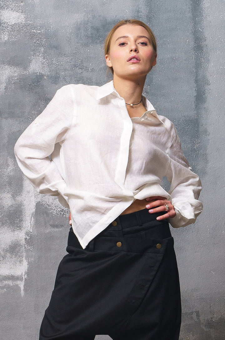 Avant Garde Asymmetrical White Linen Shirt for Women