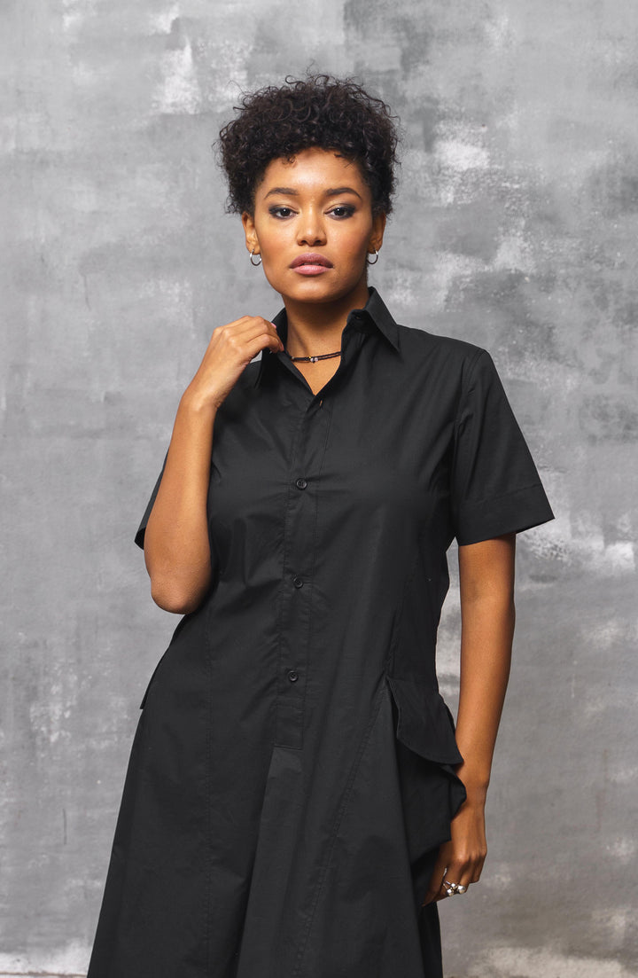 Black Midi Cotton Shirt Dress