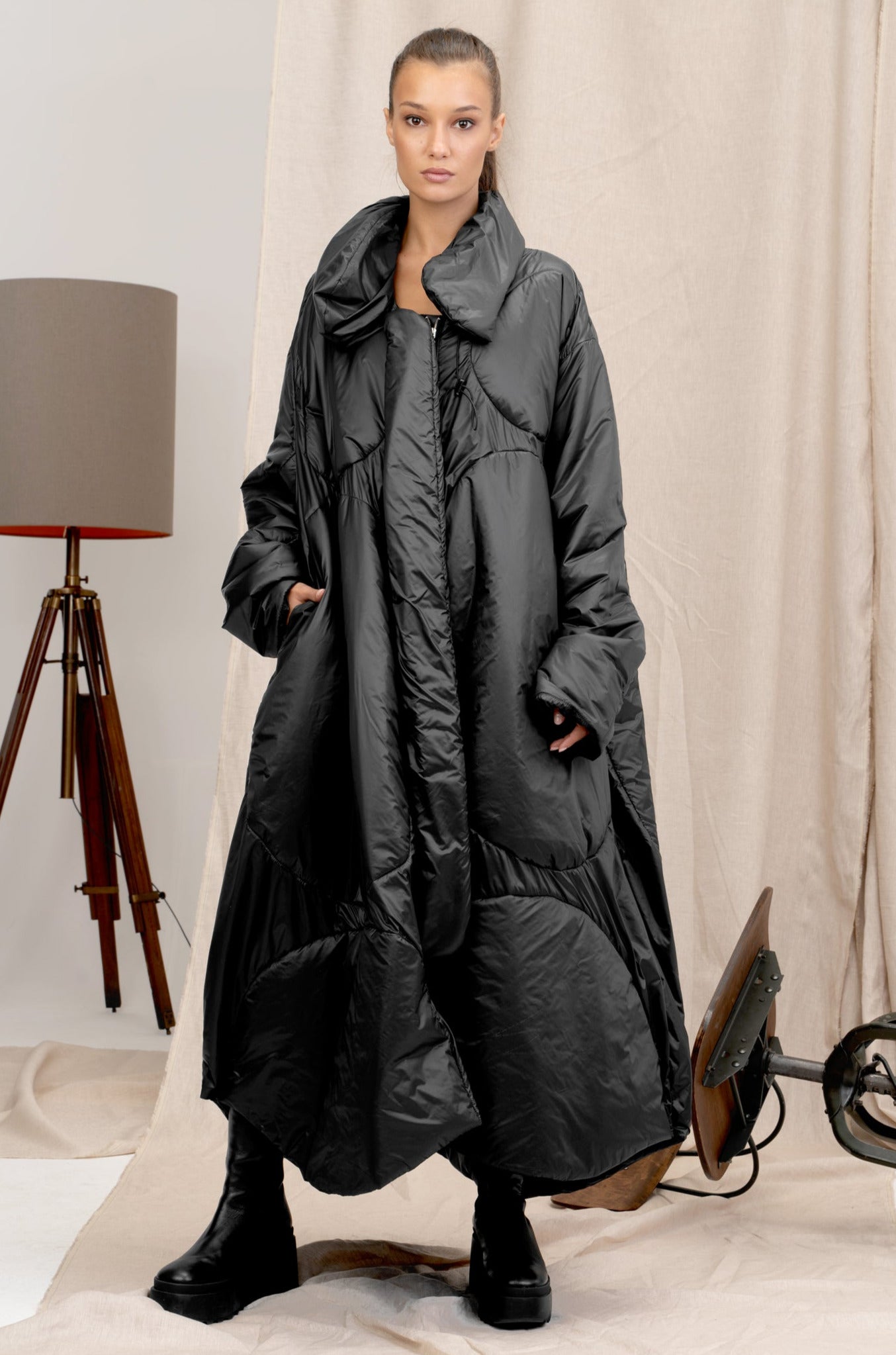 Longline Avant Garde Black Quilted Women's Coat | Black Women's