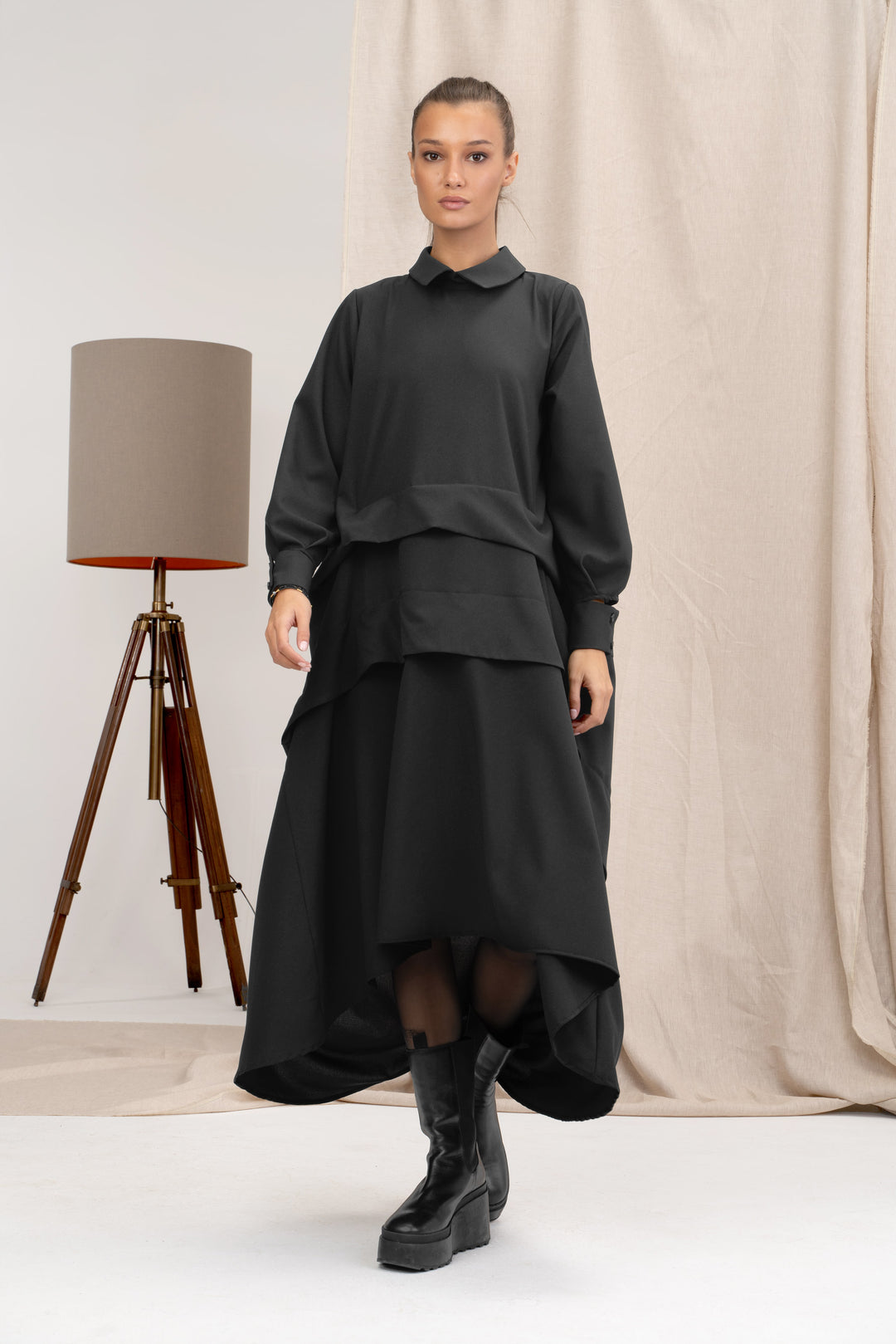 Black Asymmetrical Viscose Shirt Dress