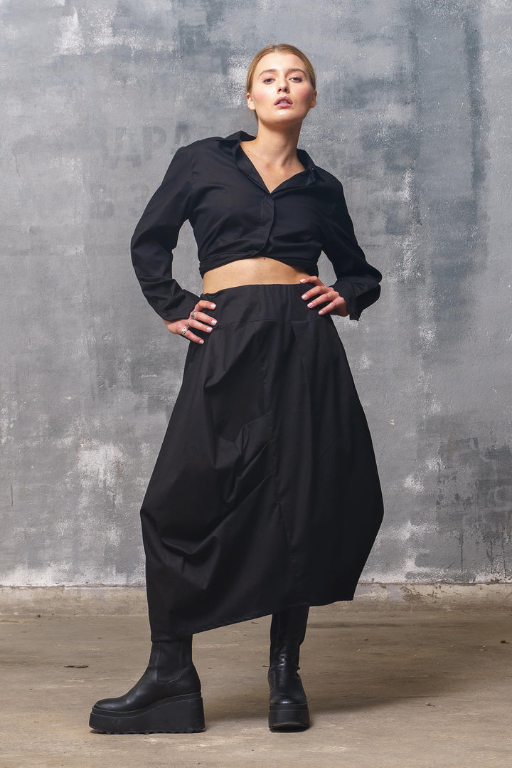 Black Cotton Midi Skirt