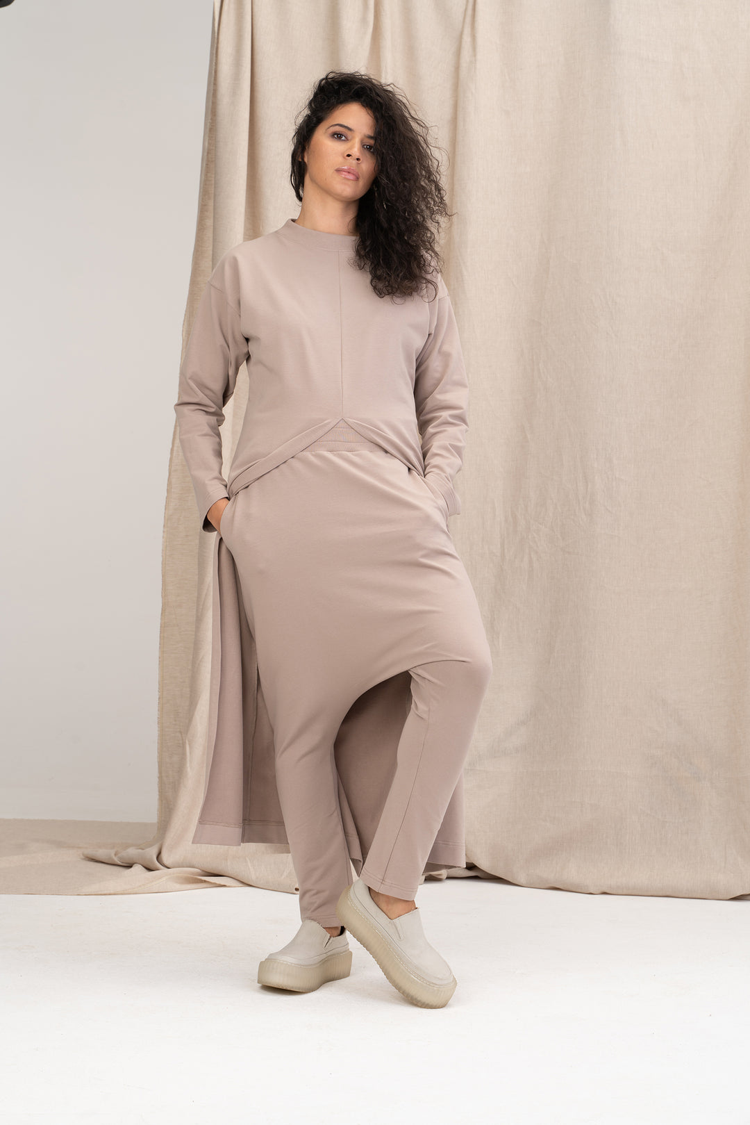 Loungewear Set of Maxi Sweatshirt Dress and Harem Pants