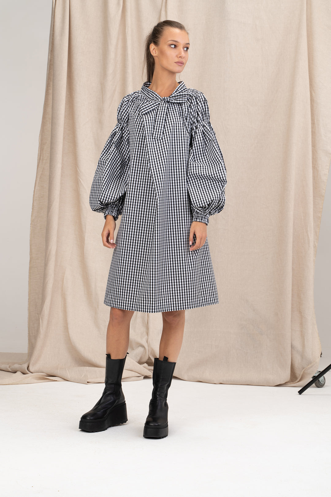 Avant Garde Cotton Puff Sleeves Dress with Ribbon