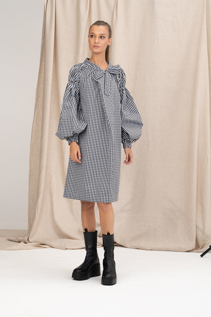 Avant Garde Cotton Puff Sleeves Dress with Ribbon