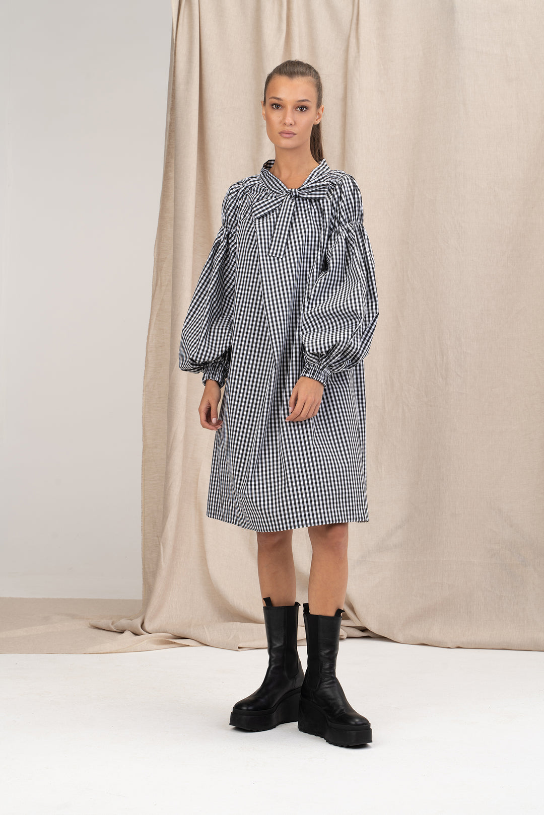 Avant Garde Cotton Puff Sleeves Dress with Ribbon