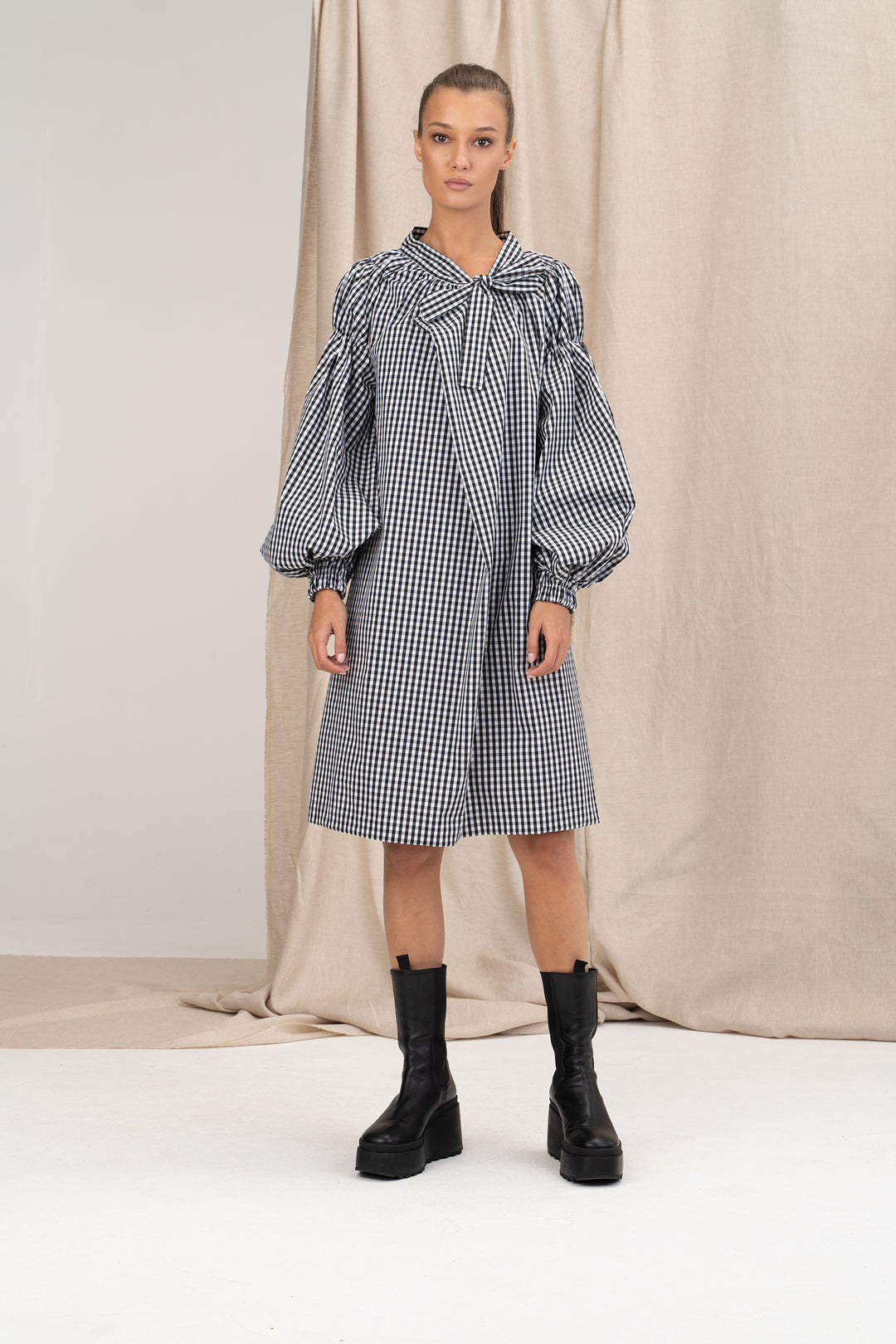 Avant Garde Cotton Puff Sleeves Dress with Ribbon