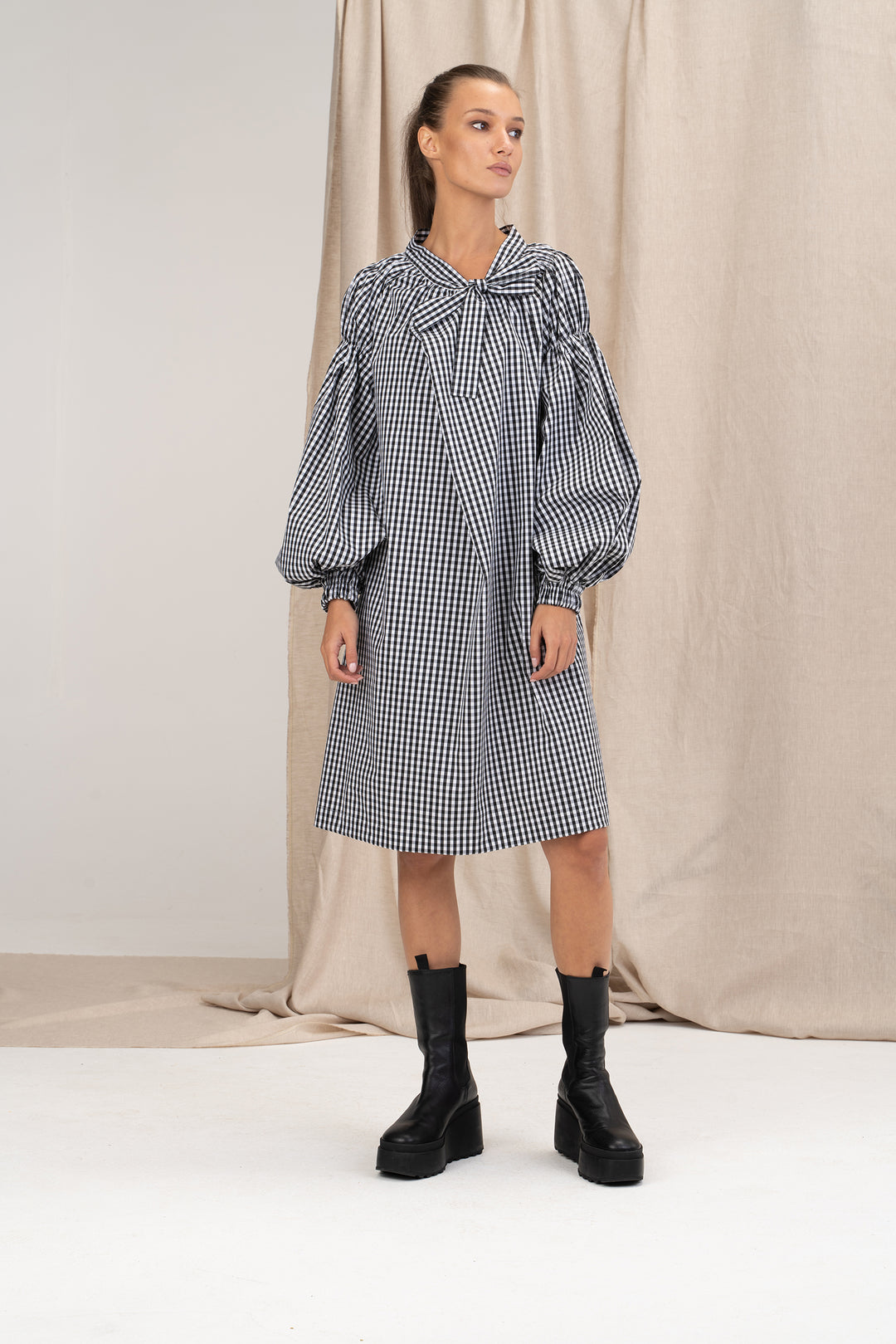 Avant Garde Cotton Puff Sleeves Dress with Ribbon