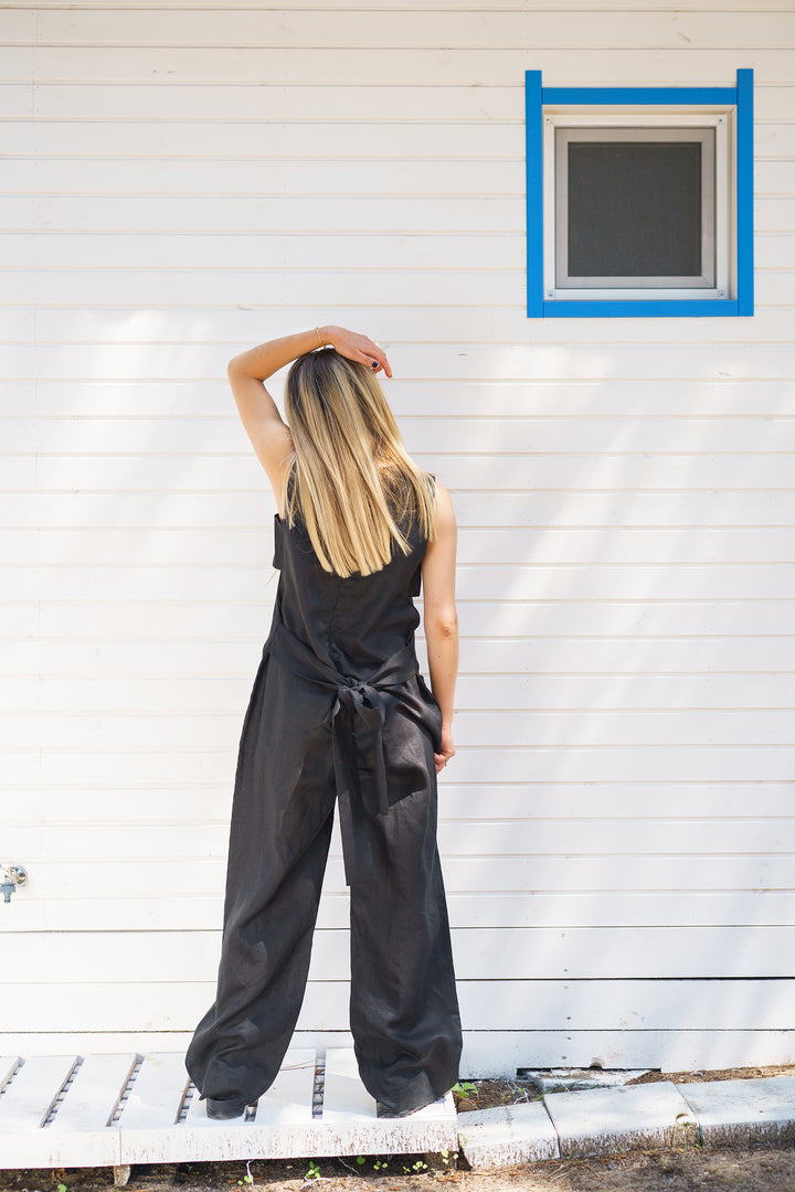 Black Linen Jumpsuit with Belt