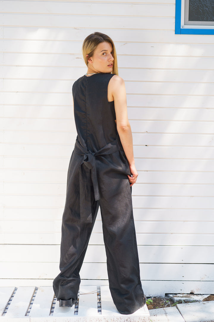 Black Linen Jumpsuit with Belt