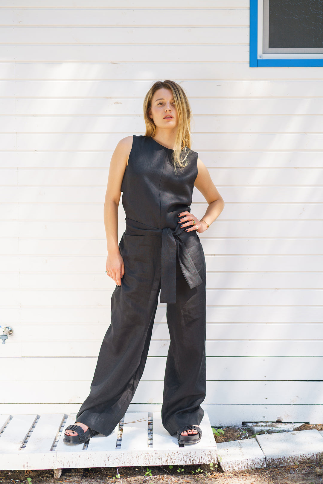 Black Linen Jumpsuit with Belt