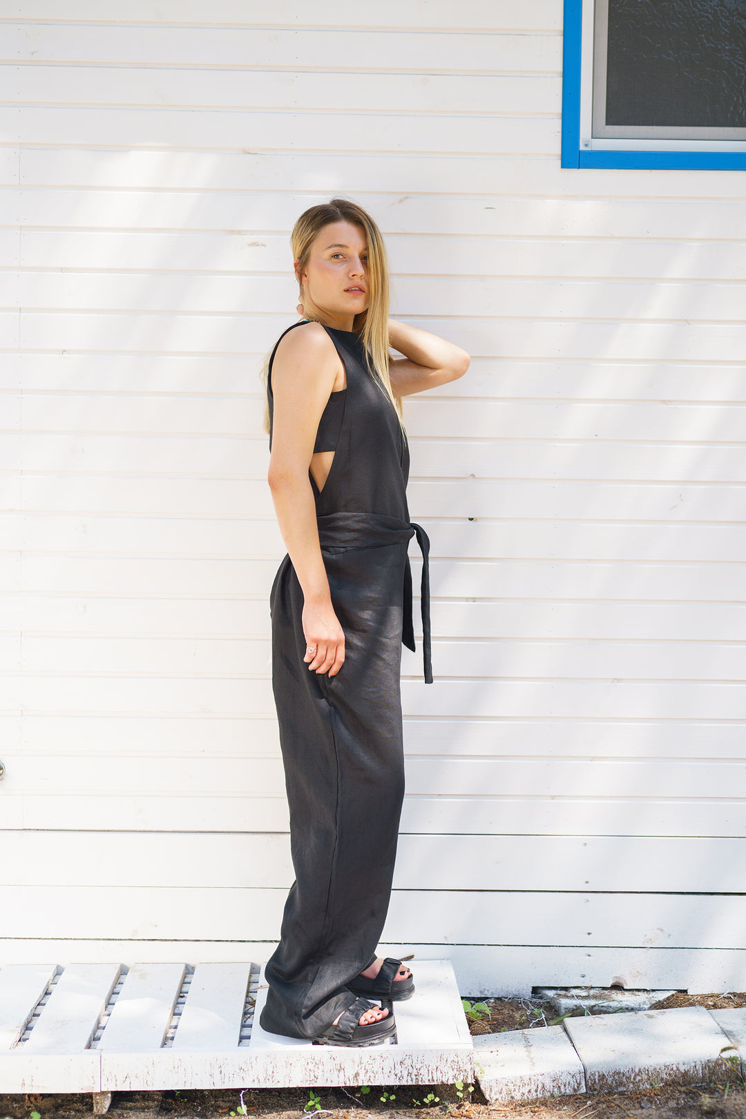 Black Linen Jumpsuit with Belt