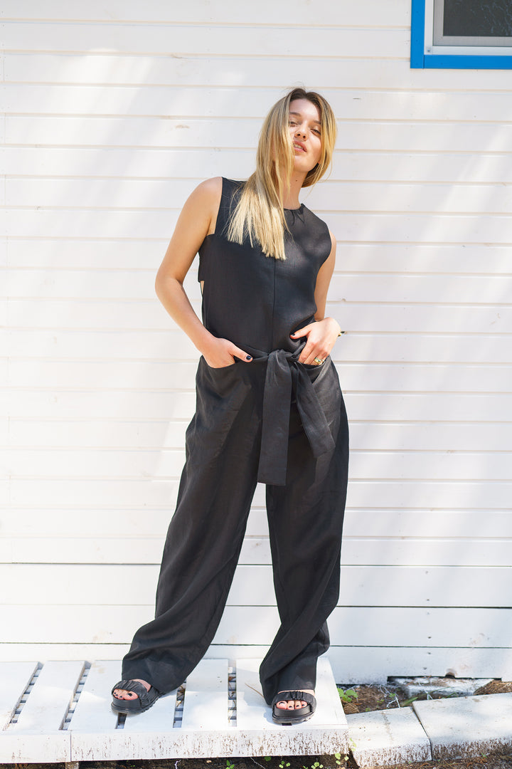 Black Linen Jumpsuit with Belt