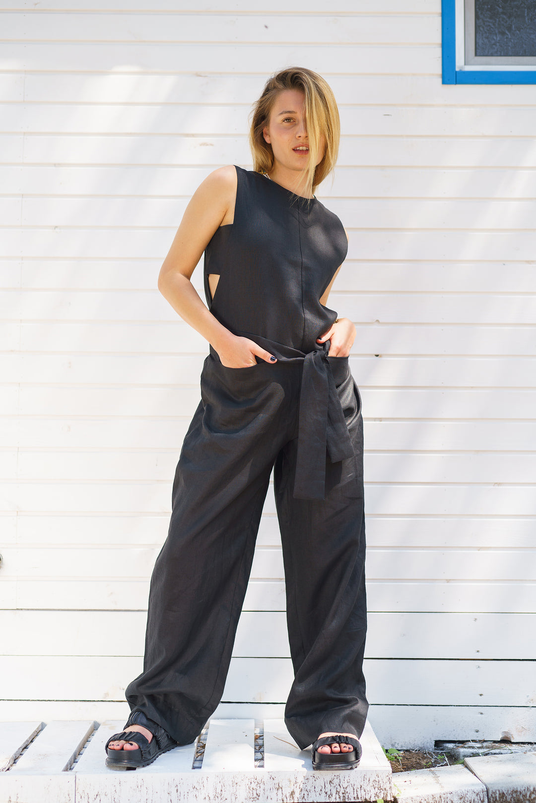 Black Linen Jumpsuit with Belt