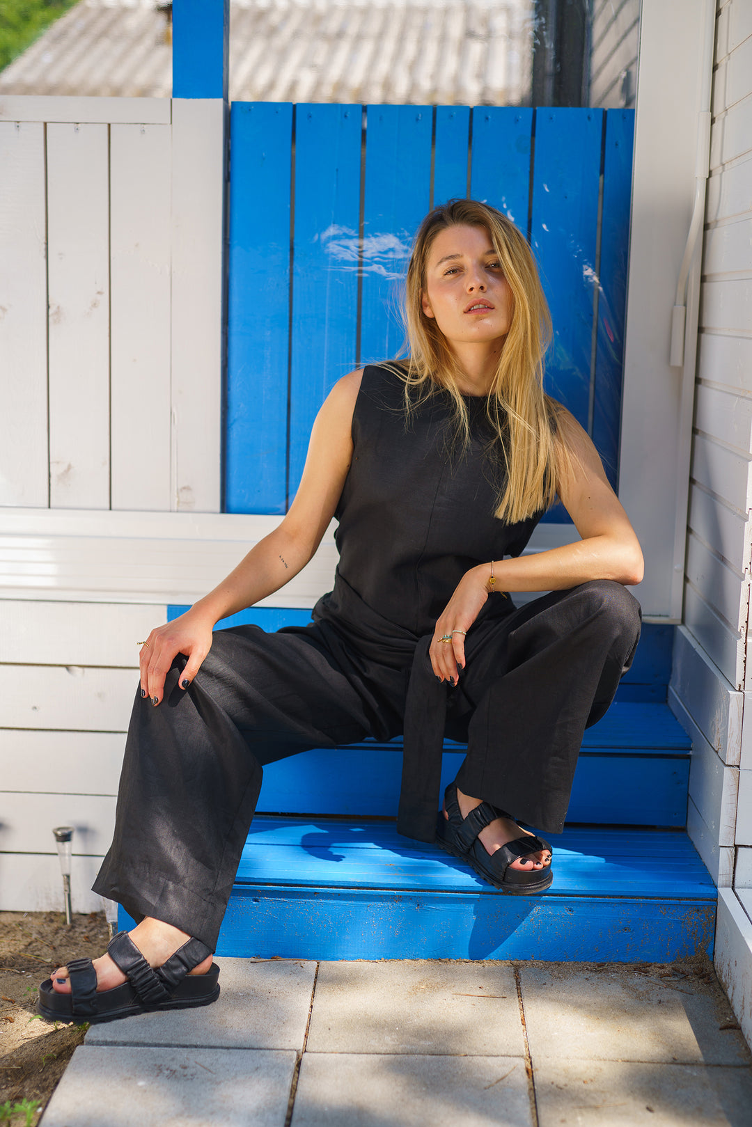 Black Linen Jumpsuit with Belt