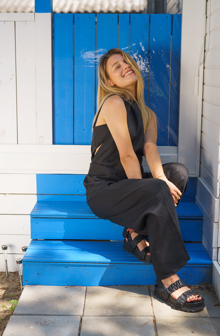 Black Linen Jumpsuit with Belt