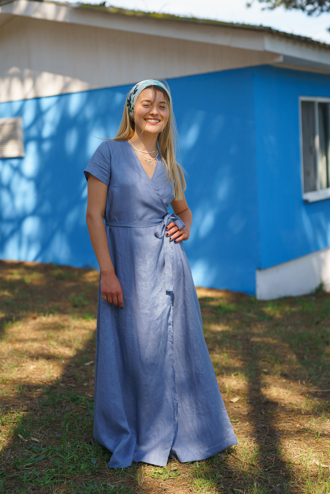 Blue Summer Linen Wrap Dress XS / Burgundy Blue Summer Linen Wrap Dress XS / Burgundy