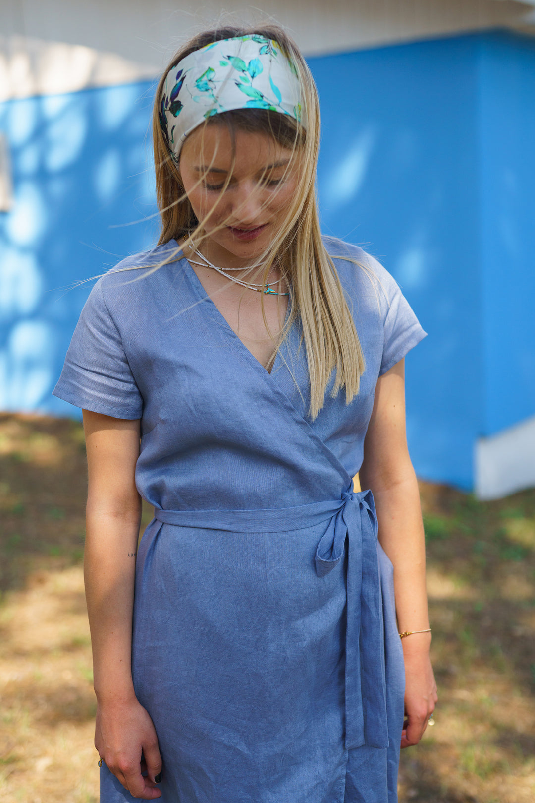 Blue Summer Linen Wrap Dress XS / Burgundy Blue Summer Linen Wrap Dress XS / Burgundy