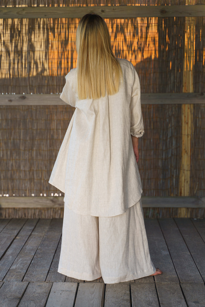 Beige Wide Leg Linen Palazzo Pants