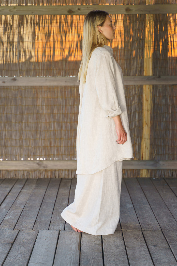 Beige Wide Leg Linen Palazzo Pants