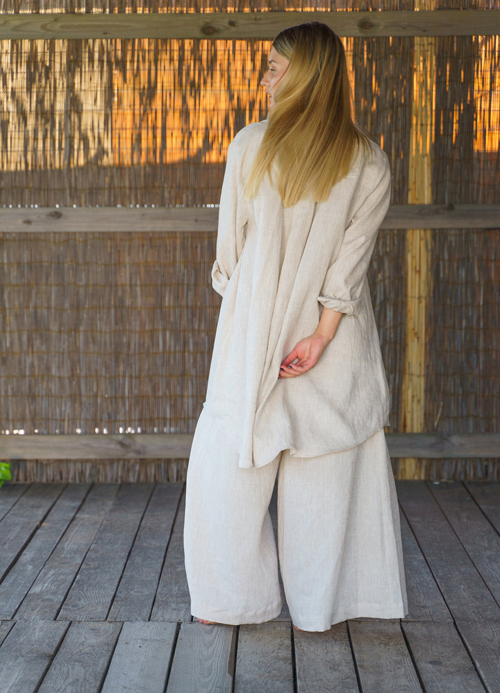 Beige Wide Leg Linen Palazzo Pants