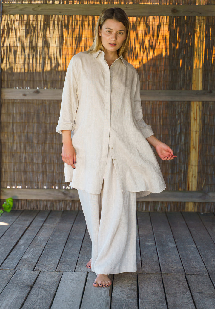 Beige Wide Leg Linen Palazzo Pants