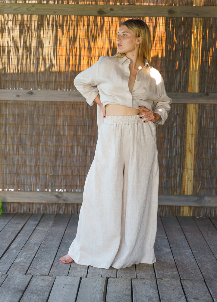 Beige Wide Leg Linen Palazzo Pants