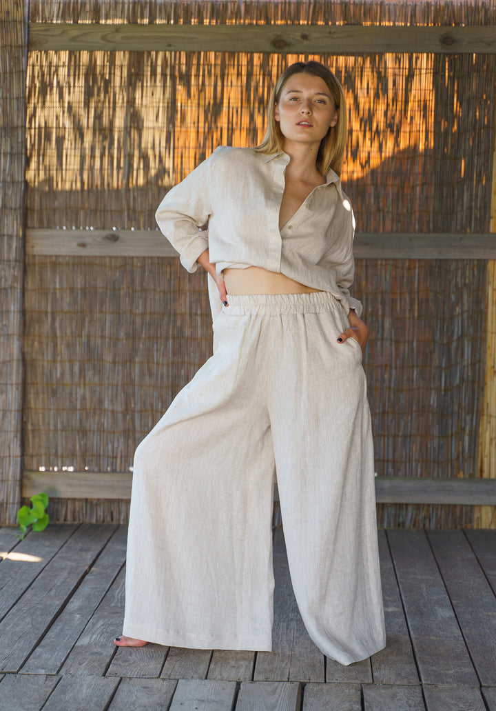 Beige Wide Leg Linen Palazzo Pants