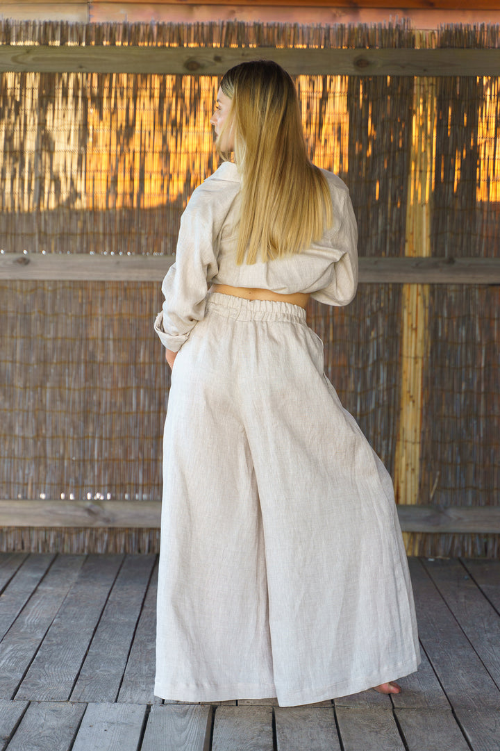 Beige Wide Leg Linen Palazzo Pants