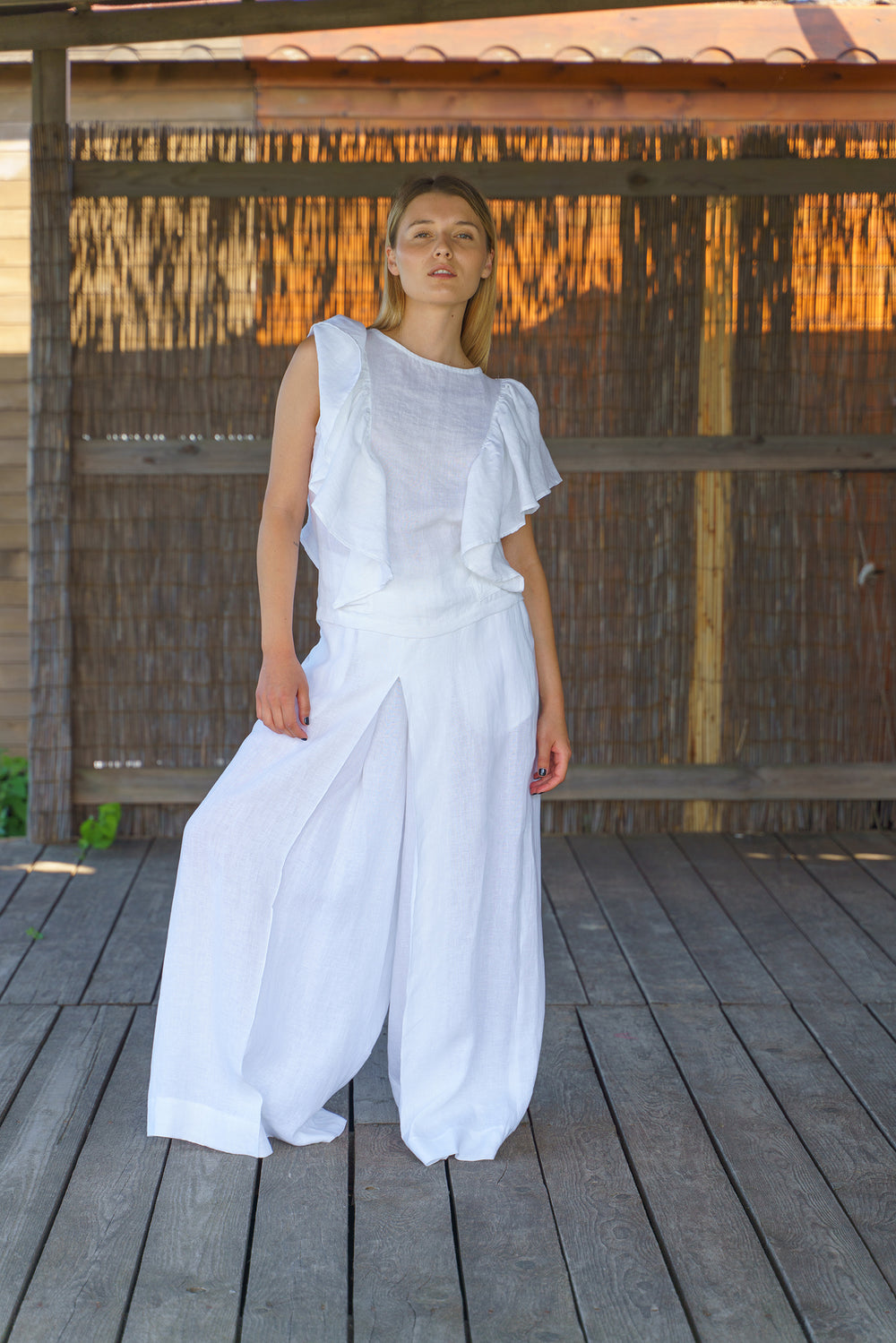 White Linen Summer Boho Top with Ruffles