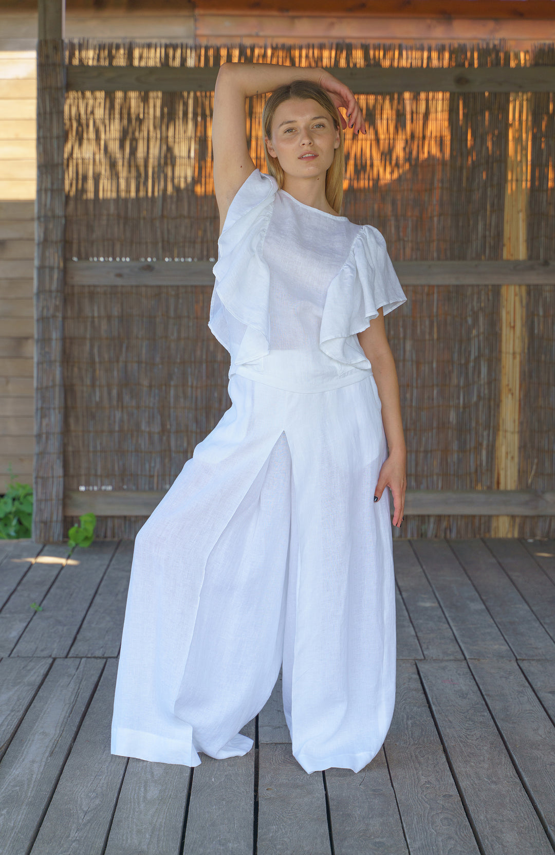 White Wide Leg Organic Linen Palazzo Pants