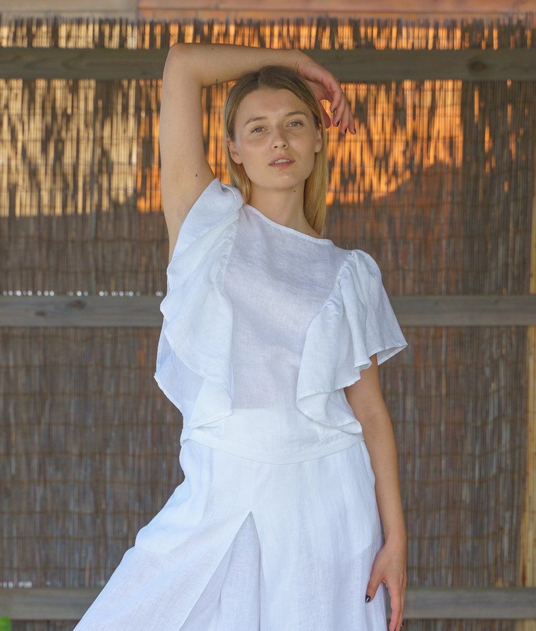 White Linen Summer Boho Top with Ruffles