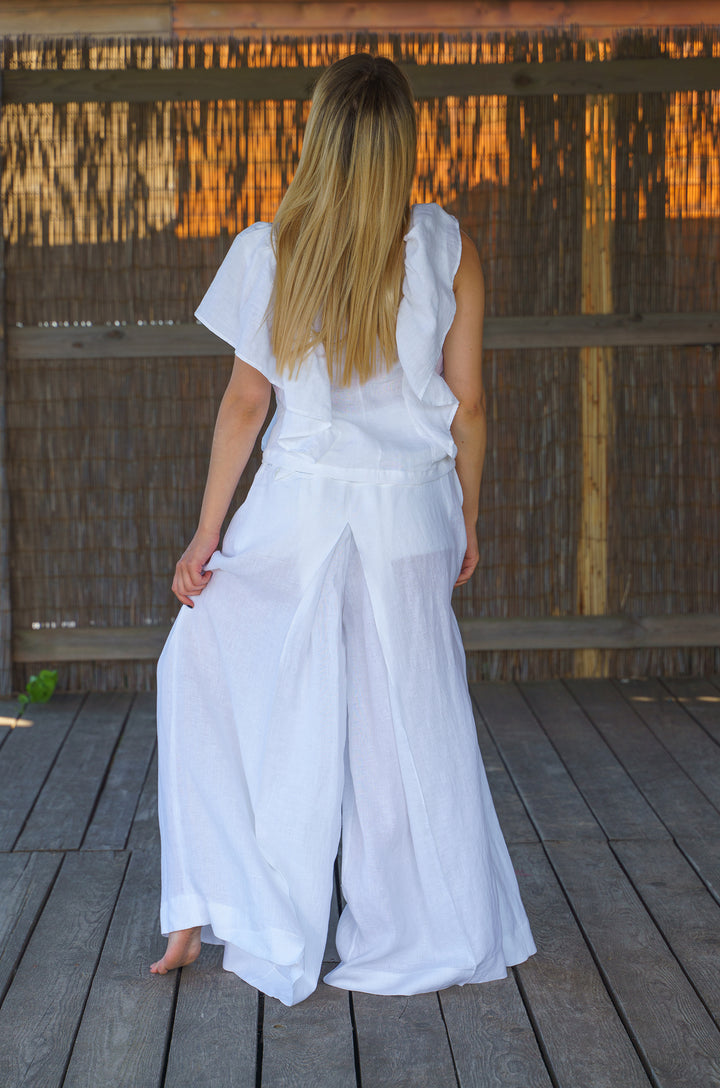 White Linen Summer Boho Top with Ruffles