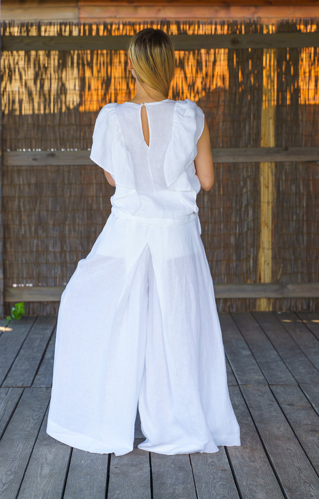 White Linen Summer Boho Top with Ruffles