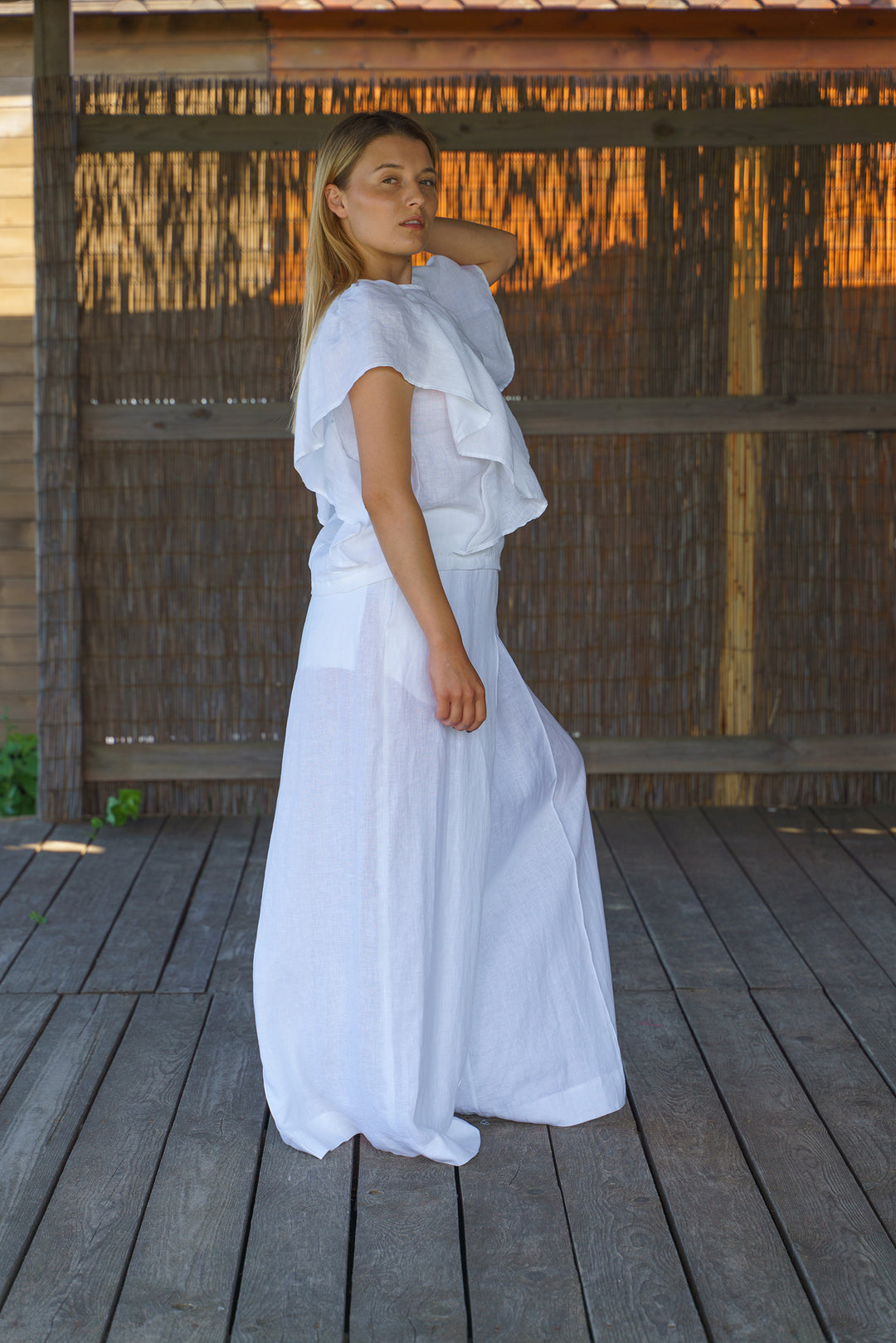 White Linen Summer Boho Top with Ruffles