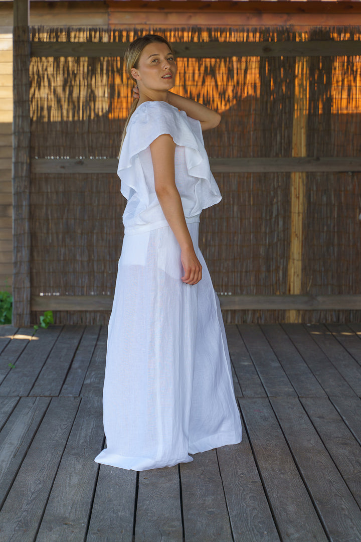 White Linen Summer Boho Top with Ruffles