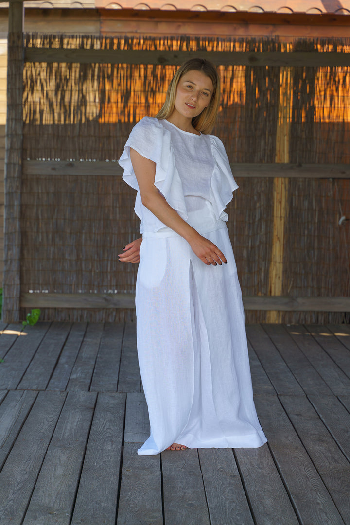 White Linen Summer Boho Top with Ruffles