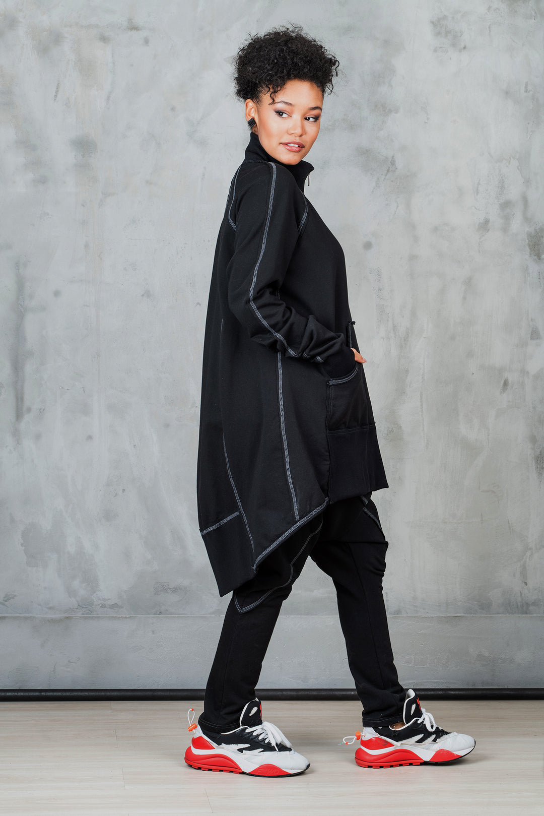 Black Asymmetrical Tracksuit Set - Oversized Sweatshirt and Harem Pants