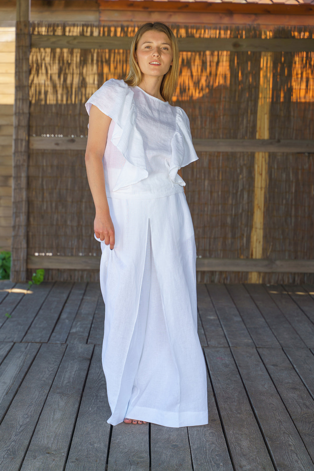 White Linen Summer Boho Top with Ruffles