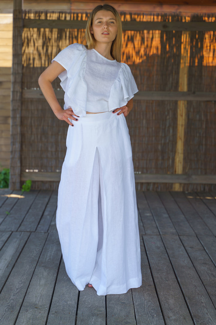 White Wide Leg Organic Linen Palazzo Pants