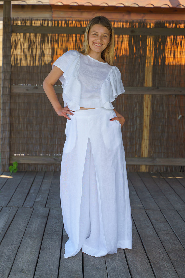 White Wide Leg Organic Linen Palazzo Pants