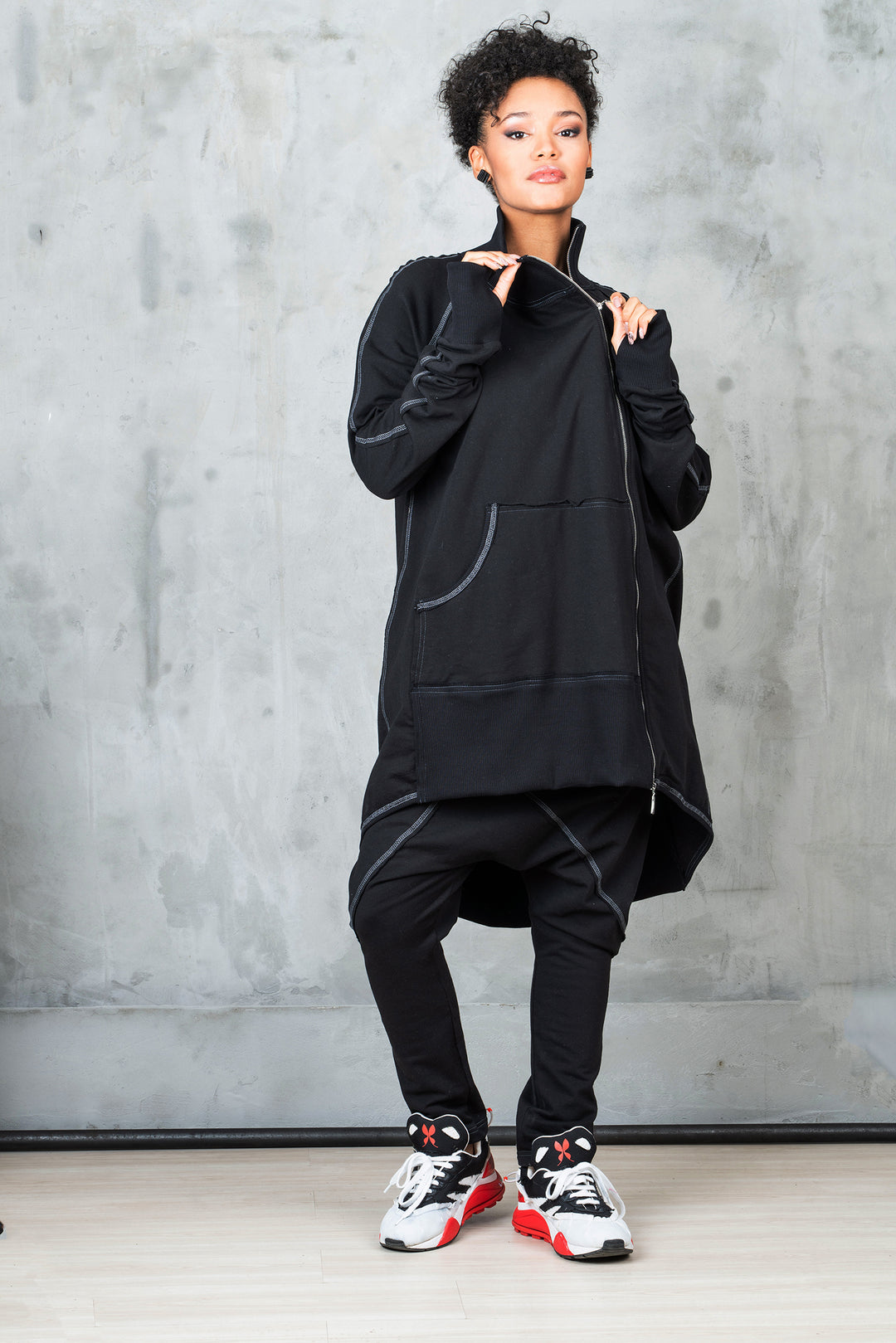 Black Asymmetrical Tracksuit Set - Oversized Sweatshirt and Harem Pants