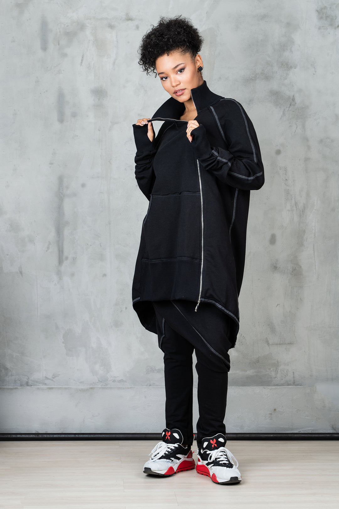 Black Asymmetrical Tracksuit Set - Oversized Sweatshirt and Harem Pants