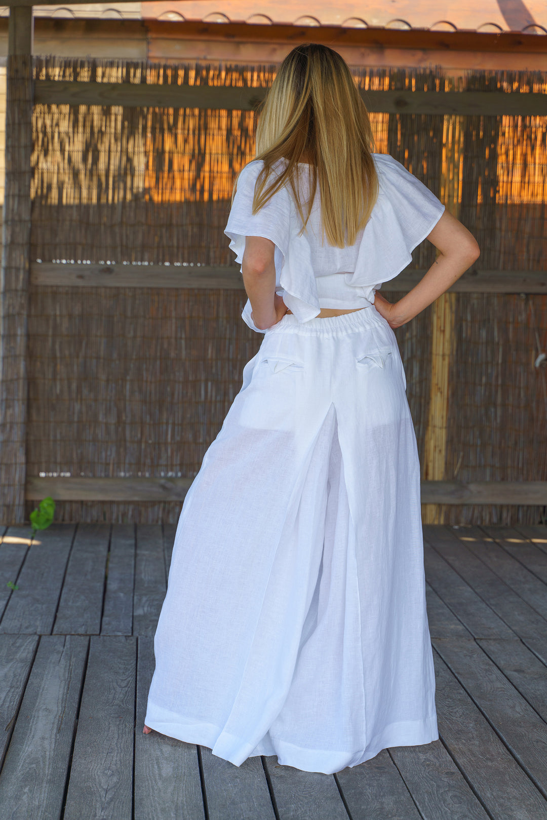 White Wide Leg Organic Linen Palazzo Pants